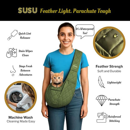 Small Dog Carrier Sling – Olive Green Hands‑Free 2‑in‑1 Sling &amp; Handheld Carrier for Dogs up to 10 lbs, Parachute‑Grade Rip‑Stop Nylon, 4″ Padded Strap, Safety Tether &amp; Pockets