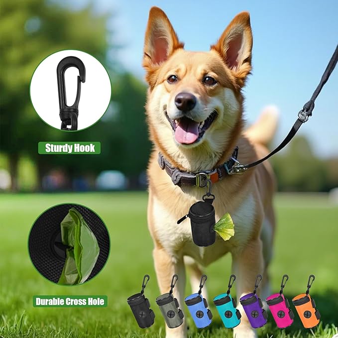 Dog Poop Bag Holder for Leash Attachment - Waste Bag Dispenser for Leash - Fits Any Dog Leash - Portable Set with Hand Free Holder Metal Carrier, Round Shape, Pink