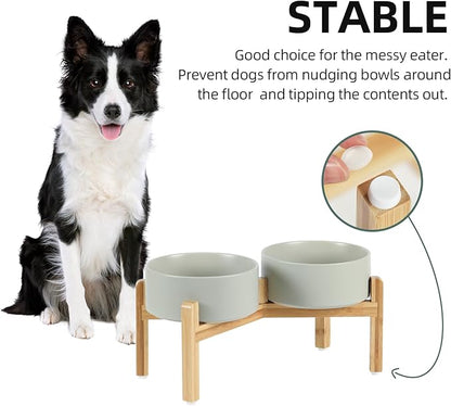 Ceramic Raised Double Bowls Set with Stand, Food &amp; Water Bowls for Medium Breed Dogs, Weighted Dog Dishes, Pet Bowl(7.3&