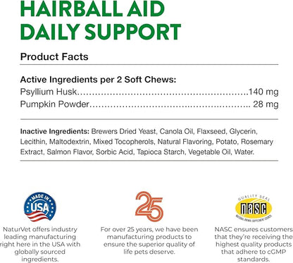 NaturVet Hairball Remedy Vitamin &amp; Digestive Aid Supplement for Cats – Pet Health Supplement for Cat Hairballs, Digestive System Support – Includes Pumpkin, Vitamins – 50 Ct.