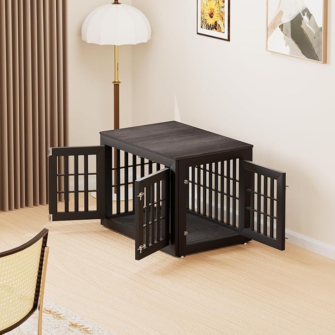 38" Heavy Duty Dog Crate Furniture for Small,Medium and Large Dogs,Rustic Wooden Dog Cage Kennel Indoor Furniture with Waterproof Top,Decorative Pet House Side End Table (Black &amp; Grey)