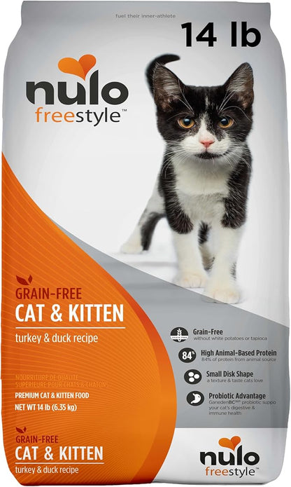 Nulo FreeStyle High Protein Cat &amp; Kitten Food, Turkey &amp; Duck Recipe - Natural Grain-Free Dry Cat Food with Omega Fatty Acids &amp; Probiotics, 14 lb Bag