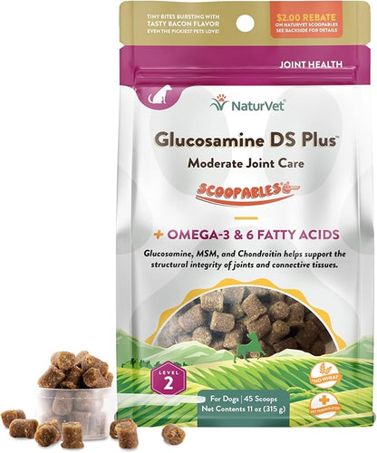 NaturVet Scoopables Dog Joint Supplement - Glucosamine DS Plus Level 2 Moderate Hip &amp; Joint Care for Dogs w/Chondroitin &amp; MSM - Hickory Smoked Bacon Flavored Pet Health Supplements | 11oz Bag