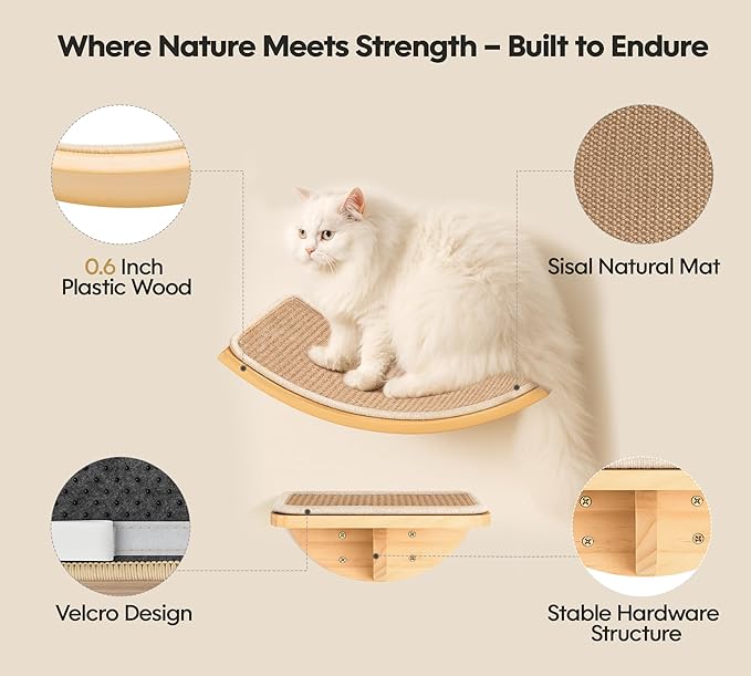 Cat Wall Shelves with Sisal Pads, 4-Piece Wooden Cats Furniture Set with Cat Window Perch, Flat Shelf &amp; Sisal-Clad Steps for Climbing and Scratching
