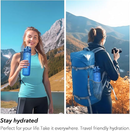 32oz Motivational Water Bottles with Time Marker &amp; Fruit Strainer, Transparent Gradient Color Water Bottle with Times to Drink, Leakproof &amp; BPA Free, Reusable Bottle with Strap (No Straw)