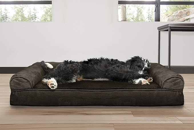 Furhaven Cooling Gel Dog Bed for Large/Medium Dogs w/ Removable Bolsters &amp; Washable Cover, For Dogs Up to 55 lbs - Plush &amp; Suede Sofa - Espresso, Large