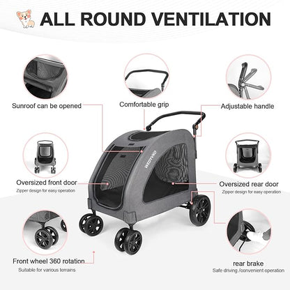 Large Dog Travel Stroller with 4 Heavy Duty Wheels Pet Stroller with Adjustable Handle - Double Doggie Capacity Jogger Wagon with Back Front Door for Small Medium Large Dogs (Dark Light Gray)