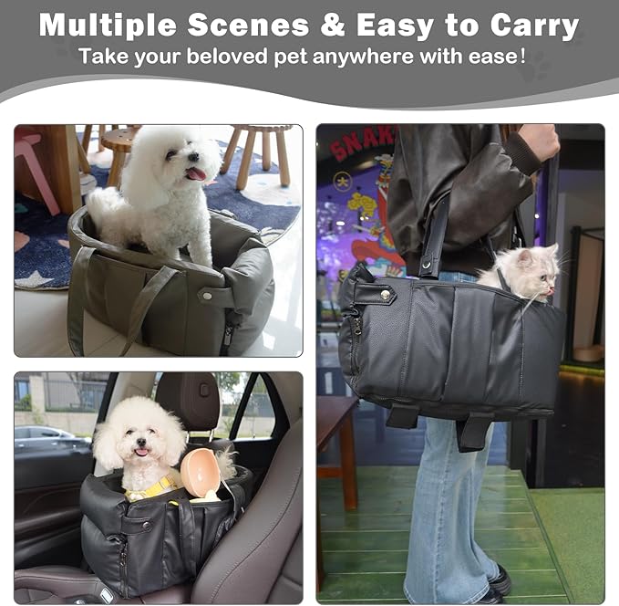 2 and 1 Center Console Dog Car Seat &amp; Carrier for Small Dogs, Large Leather Dog Car Bed with Storage Pocket, Waterproof PVC Leather Seat Travel Bed for Front &amp; Back Seat, Clip-On Safety Leash