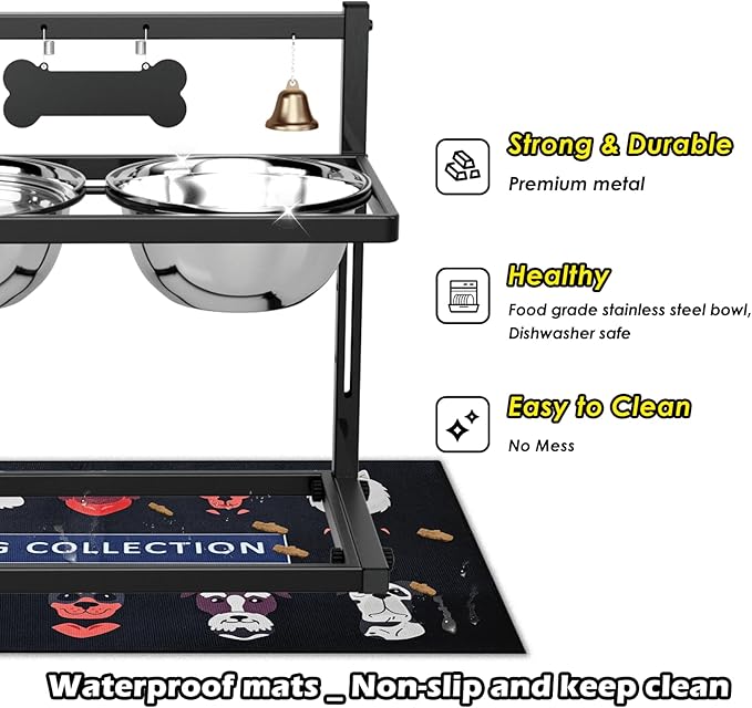 SHAINFUN Elevated Dog Bowls with Slow Feeder &amp; Spillproof Mat, Raised Dog Bowl Stand with 2 Stainless Steel Food Water Bowls, Adjustable Height Stand for Large Medium Breeds