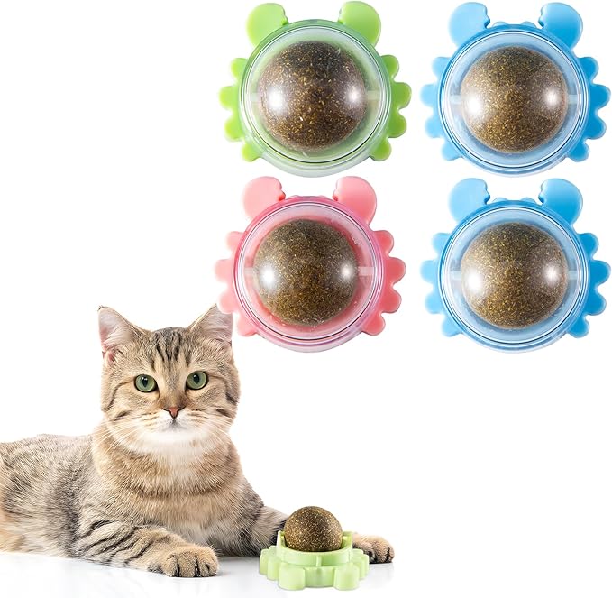 4 Pack Catnip Balls Roller Wall Ball for Cats Spinning Catnip Station Licking Balls Organic Cat nip Chew Ball for Teeth Cleaning &amp; Play