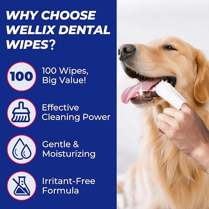 Wellix 100 Count Dog Teeth Cleaning Wipes for Dogs &amp; Cats - Natural Formula Dental Care Finger Wipes Reduces Dog Plaque, Tartar &amp; Bad Breath - No-Rinse Disposable Dog Dental Wipes