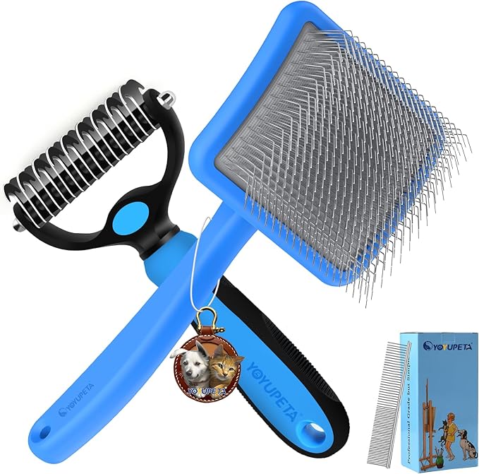 Large Slicker Brush for Dogs - 3PC Pet Grooming Kit - Undercoat Rake &amp; Stainless Comb | Long Pins Remove Mats on Poodles, Golden, Labradoodles | Thick Coat Deshedder for Dogs, Cats, Blue