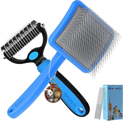 Large Slicker Brush for Dogs - 3PC Pet Grooming Kit - Undercoat Rake &amp; Stainless Comb | Long Pins Remove Mats on Poodles, Golden, Labradoodles | Thick Coat Deshedder for Dogs, Cats, Blue