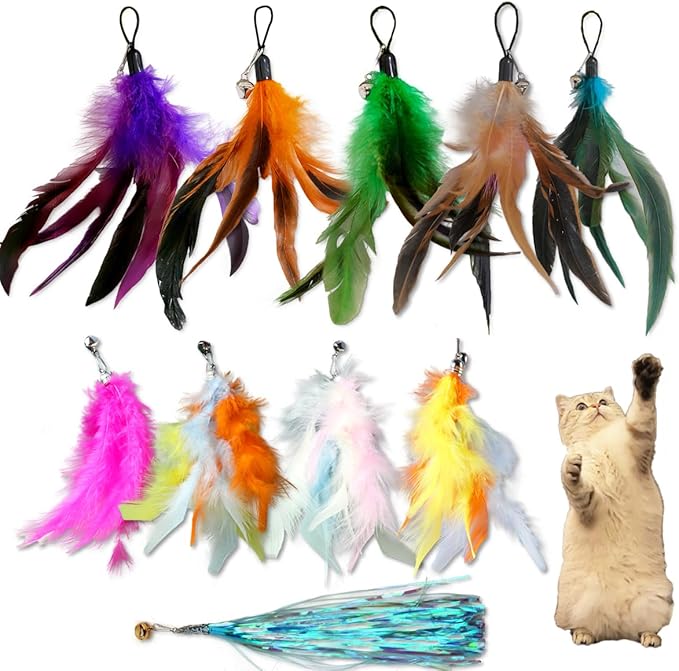 LogFaadCoi 10-Pack of Vibrant Feathered Cat Toy Refills: Perfect Wand Attachments for Indoor Cats, Enhance Your Pet&