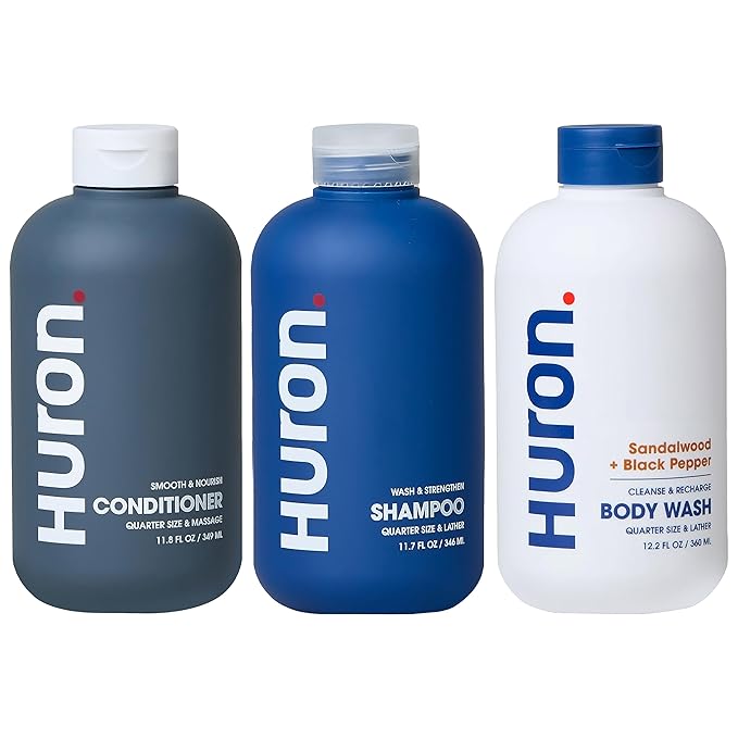 Huron Shower Kit - Shampoo, Conditioner, &amp; Body Wash For Men - Sandalwood + Black Pepper Scent - Hydrating &amp; Nourishing Men&