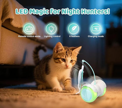 Remote Control Cat Toy with Auto Mode - Interactive Cat Toy Feather for Indoor, Moving Cats Catnip Toys &amp; LED to Keep Bored Cats Active &amp; Entertained