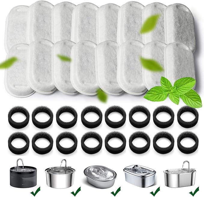 Cat Water Fountain Filters,Cat Fountain Replacement Filters for Stainless Steel 108oz/3.2L&amp;67oz/2L Adjustable Water Flow Pet Water Fountain,Dog Water Fountain (16+16 Pack)