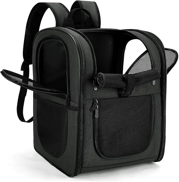 Apollo Walker Dog &amp; Cat Carrier Backpack for 4-15lb Pets - Ventilated Safe Design with Padded Back Support, Breathable Mesh Pet Backpack for Hiking, Travel, Outdoor (Black)