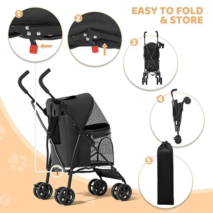 Magshion Compact Pet Stroller for Small-Medium Dogs/Cats up to 22lbs, 4-Wheel Lightweight Umbrella Shaped Portable Puppy Travel Jogger with Breathable Mesh, Cup Holder &amp; Rear Storage, Black
