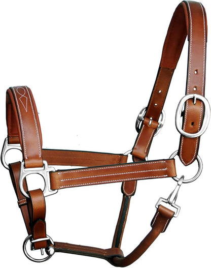 Exion Leather Horse Halter with Fancy Stitching | Black &amp; Brown Padded Halter with Silver Brass Hardware | Quick-Release Snap | Adjustable Leather Halter – Cob, Full, Over, Pony Sizes