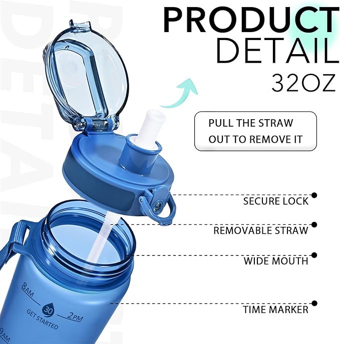 32oz Motivational Water Bottles with Time Marker &amp; Fruit Strainer, Transparent Gradient Color Water Bottle with Times to Drink, Leakproof &amp; BPA Free, Reusable Bottle with Strap (No Straw)