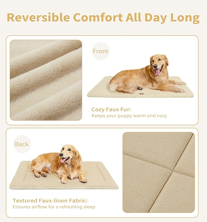 MADE 4 PETS Dog Crate Pad Bed for Medium Large Dogs, Washable &amp; Reversible, Anti-Slip Kennel Mat for Cozy Sleeping, Soft Fluffy Dog Bed for Indoor &amp; Outdoor Use, 35"x23", Beige