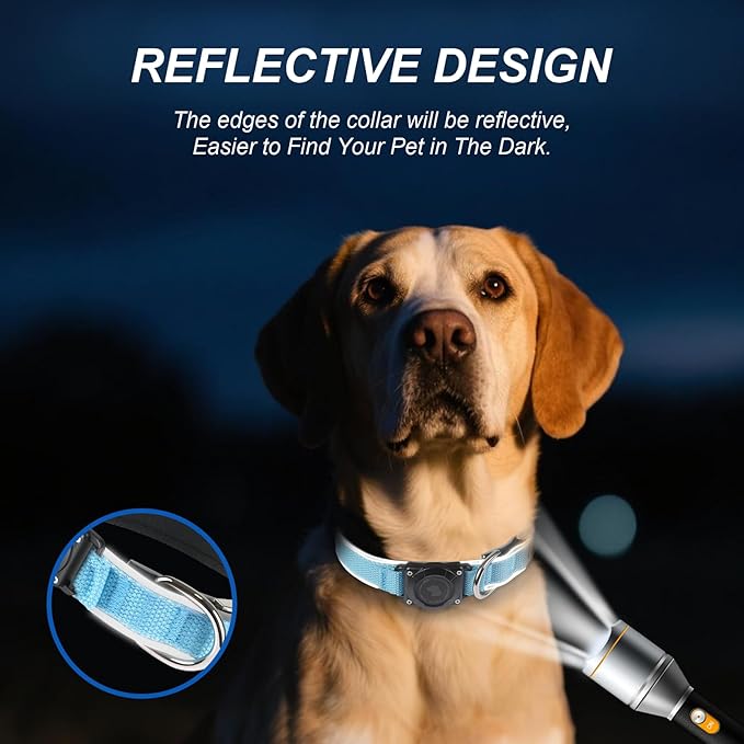 Waterproof Airtag Dog Collar - Nylon Collar with Durable Airtag Holder, Reflective&amp;Anti-Lost with Safety Metal Buckle, Soft Padded Adjustable for Small Medium Large Dogs Blue XL