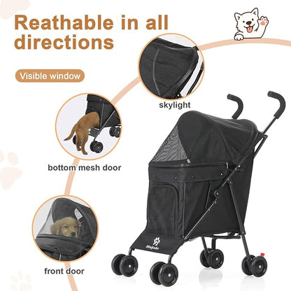 Wedyvko Travel Portable Dog Stroller, Pet Stroller for Small Puppy Dogs &amp; Cats, Up to 33 lbs, Black