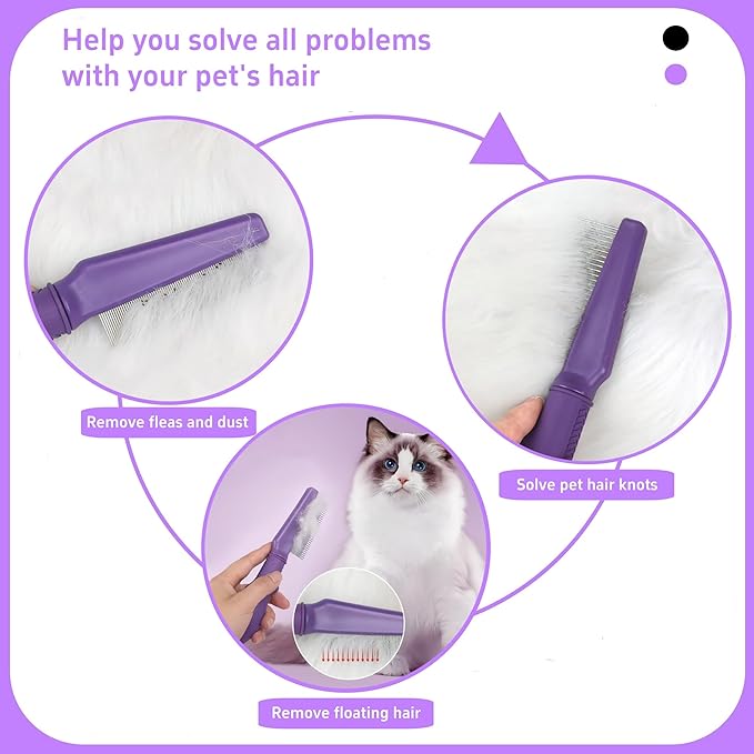 Temapex 3PCS Pet Comb for Grooming Long &amp; Short Haired Cats &amp; Dogs With Stainless Steel Metal Teeth for Removes Tangles &amp; Flea, Non-Slip &amp; Anti-Static Rubber Handle, Safe &amp; Gentle