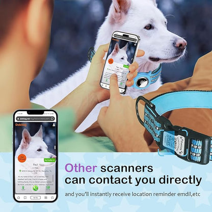 Reflective Dog Collar with Apple AirTag Holder &amp; QR Code Pet ID Tag,Soft Nylon Adjustable Dog Tracker Collar with Safety Lock for Medium Dogs(Blue, M)