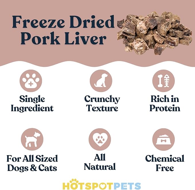 hotspot pets Freeze Dried Pork Liver Treats for Cats &amp; Dogs - Made in USA (1 Pound Value Bag) Single Ingredient, High Protein, All Natural, Grain-Free - Perfect for Training, Topper or Snack