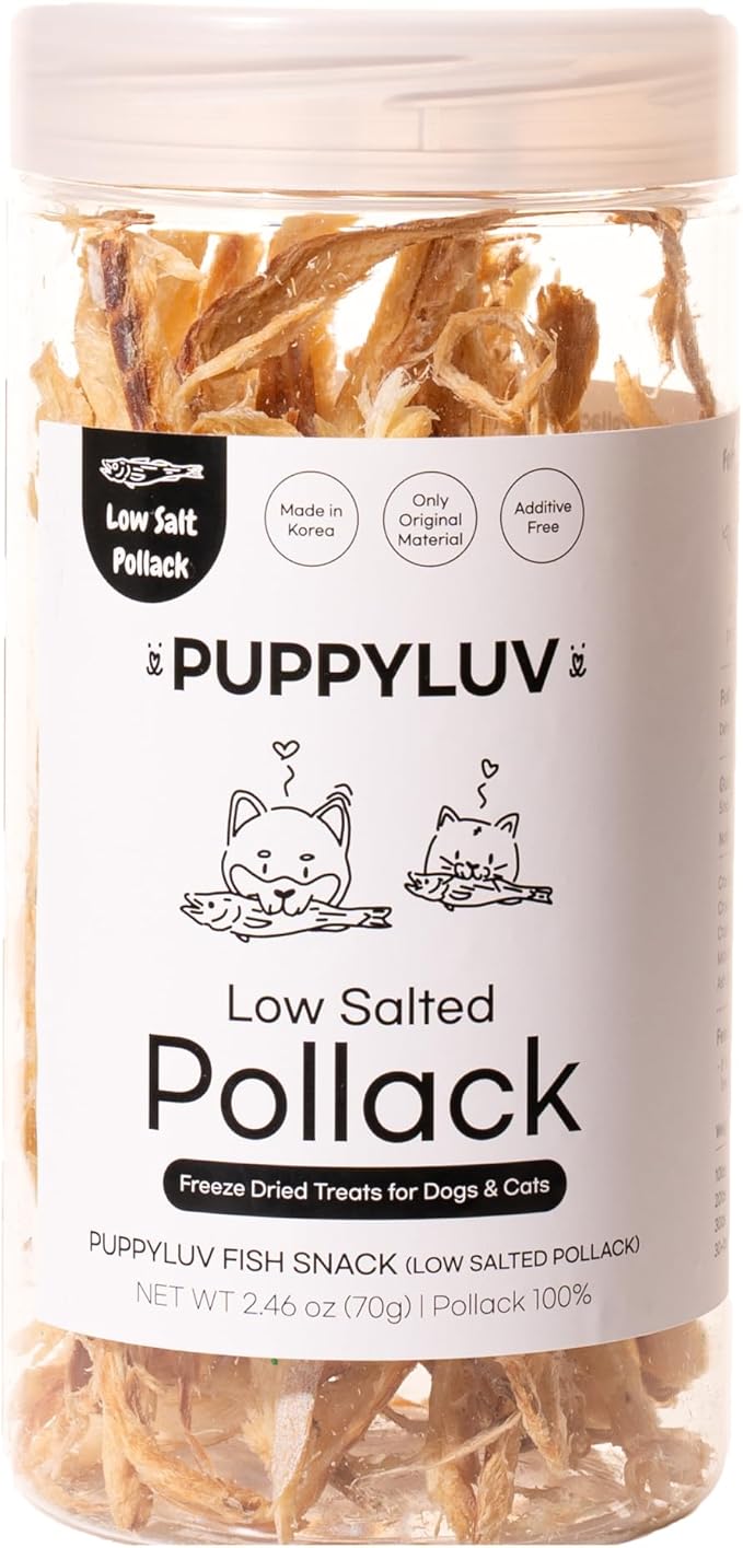 Puppyluv Treat - Air Dried Pollock Dog &amp; Cat Treats, Wild Caught, Single Ingredient, Natural High Protein &amp; Fish Oil, Grain Free, Gluten Free, 2.5oz