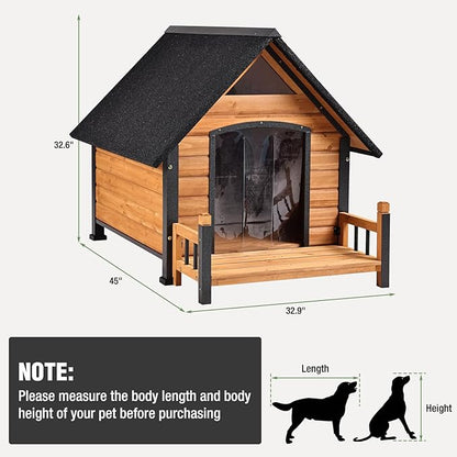 Dog House Outdoor with Anti-Chewing Iron Frame, Weatherproof Dog Kennel with Porch and Raised Feet for Small Medium Large Dogs Indoor (Brown, 45" x 32.9" x 32.6")