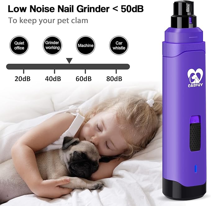 Casfuy Dog Nail Grinder Upgraded - Professional 2-Speed Electric Rechargeable Pet Nail Trimmer Painless Paws Grooming &amp; Smoothing for Small Medium Large Dogs &amp; Cats (Purple)