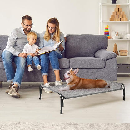 Veehoo Outdoor Elevated Dog Bed, Raised Dog Cot for Small Medium Dogs, Cooling Washable Waterproof Pet Hammock Beds with Slope Headrest, Breathable Mesh and Sturdy Frame, M, Black Silver, CWC2204