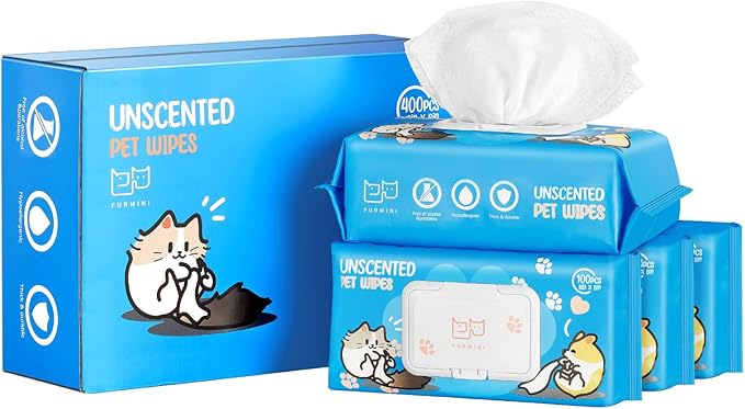 Unscented Pet Wipes (400pcs) - Hypoallergenic, Alcohol-Free &amp; Soothing for Sensitive Skin - Head-to-Tail Cleaning for Dogs &amp; Cats - Safe for Face, Coat, Paws &amp; Butt