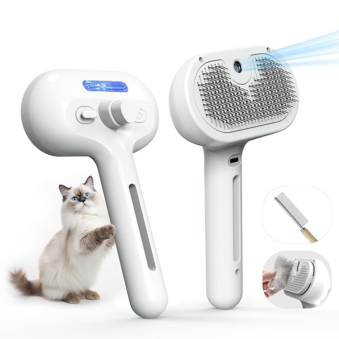 Pet Grooming Brush with Electronic Mist Spray - Gentle Deshedding Tool for Cats &amp; Dogs, Pet Steam Brush，Reduces Shedding, Soft Bristles, Promotes Healthy Coat-Comes with a hair smoothing comb-White