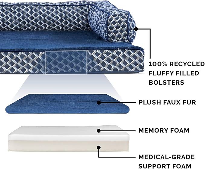 Furhaven Memory Foam Dog Bed for Large Dogs w/ Removable Bolsters &amp; Washable Cover, For Dogs Up to 125 lbs - Plush &amp; Woven Decor Comfy Couch Sofa - Diamond Blue, Jumbo Plus/XXL
