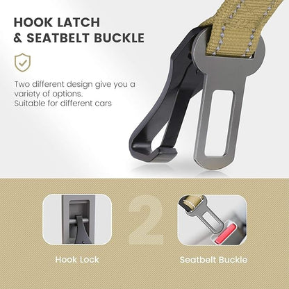 IOKHEIRA Dog Seat Belt 3-in-1 Car Harness for Dogs Adjustable Safety Seatbelt for Car Durable Nylon Reflective Bungee Fabric Tether with Clip Hook Latch &amp; Buckle, Swivel Zinc Alloy Carabiner Green
