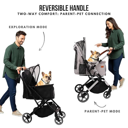 Pet Stroller for Small Medium Dogs Cats Up to 45 lbs, Travel Lite Collapsible, All Terrain 4 Wheels for Jogging, Running, Grey