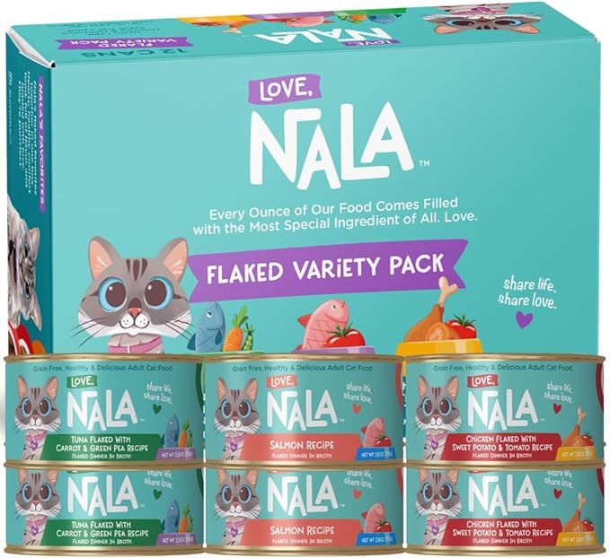 LOVE, NALA - Natural Adult Cat Wet Food - FLAKED Variety Pack - Salmon, Tuna, Chicken - Grain Free, Non-GMO, Lean Protein, Omega 3, Digestive Fiber Blend, Added Minerals &amp; Vitamins - 12 Pack