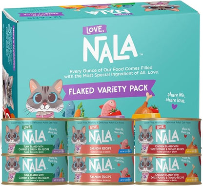 LOVE, NALA - Natural Adult Cat Wet Food - FLAKED Variety Pack - Salmon, Tuna, Chicken - Grain Free, Non-GMO, Lean Protein, Omega 3, Digestive Fiber Blend, Added Minerals &amp; Vitamins - 12 Pack