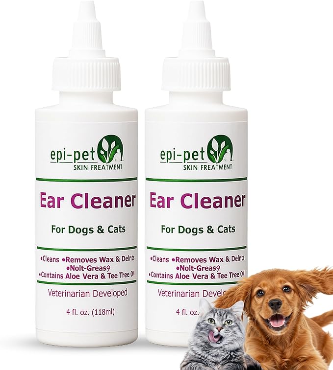 Dog &amp; Cat Ear Cleaner Solution with Aloe Vera &amp; Tea Tree Oil – Removes Itchy Ear Wax, Debris, Odor – Ears Wash, Drops &amp; Flush for Pets, Dog Ears Cleaning, Cat Cleaner (4 oz- Pack of 2)