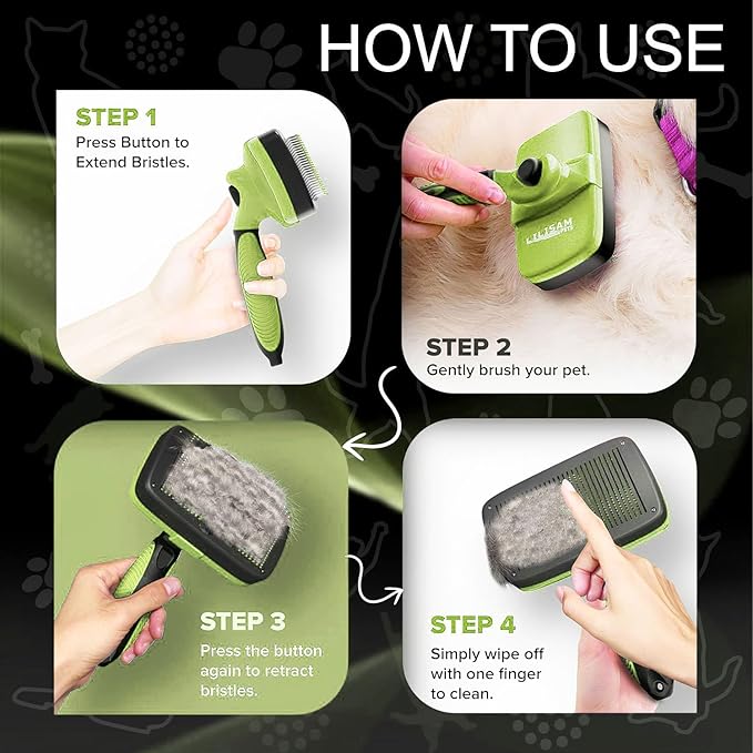 Pet Self Cleaning Slicker Brush and Grooming Comb - Gently Removes Loose Hair, Tangles, and Dirt - Skin Friendly Deshedding Grooming Tool for Hair Dogs &amp; Cats - Pet Supplies Accessories (Green)