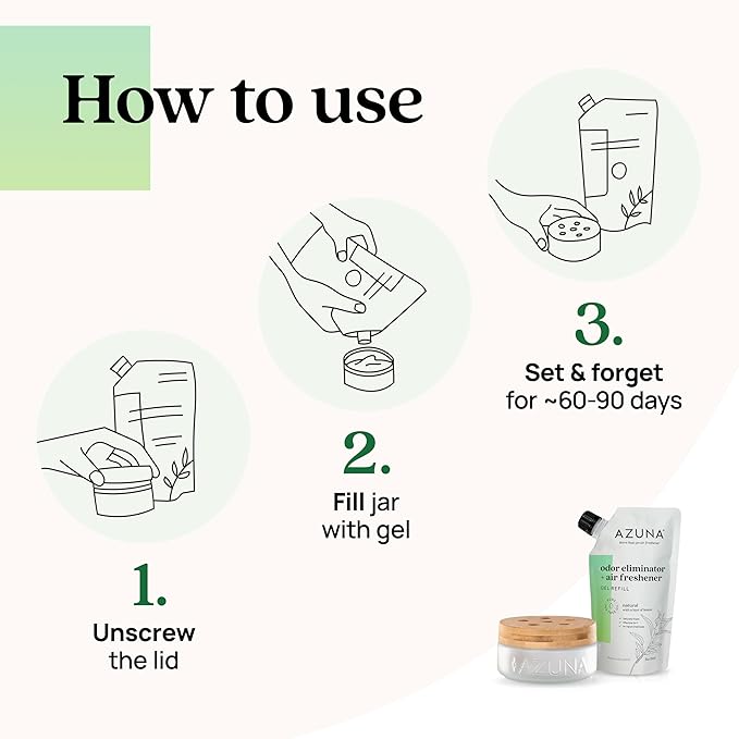 Azuna Air Freshener &amp; Odor Eliminator for Strong Odor | 1 Room Kit Includes (1) Empty Luxe Glass Jar &amp; 8oz Refill with Tea Tree Essential Oil Gel | Natural Scent | Last 60-90 Days