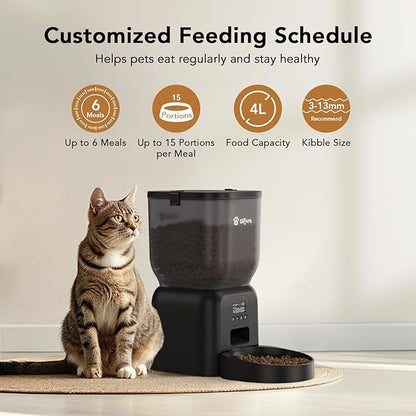 Automatic Dog &amp; Cat Feeder with Freshness Preservation, 4L Timed Cat Feeder with LCD Screen.Up to 6 Meals Per Day and 1-15 Portion for Cats &amp; Dog (Black)