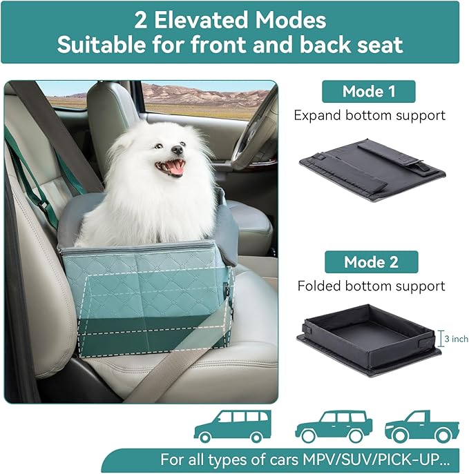 A 4 Pet Dog Car Seats for Small Dogs, Booster Car Seat with Patent Buckles &amp; Clip-On Safety Leash, Pet Seat for Puppy Small Dogs Cats Under 25 Lbs, Green