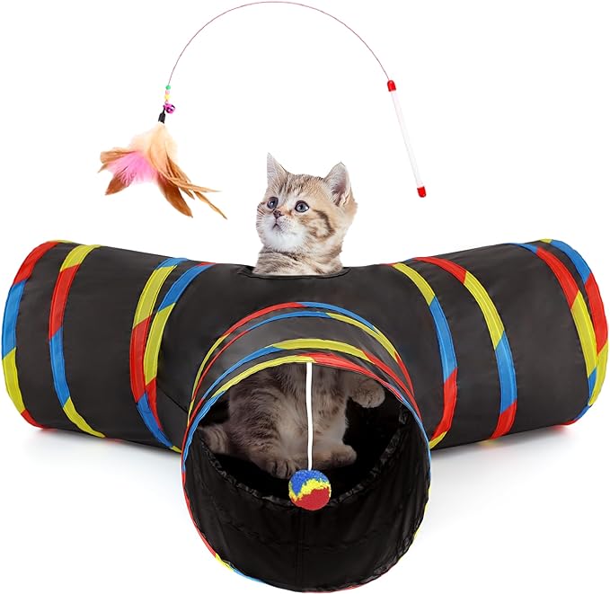 Tempcore 3 Way Collapsible Cat Tube Toys, Kitty Tunnel with Peek Hole Toy Ball, Black &amp; Rainbow