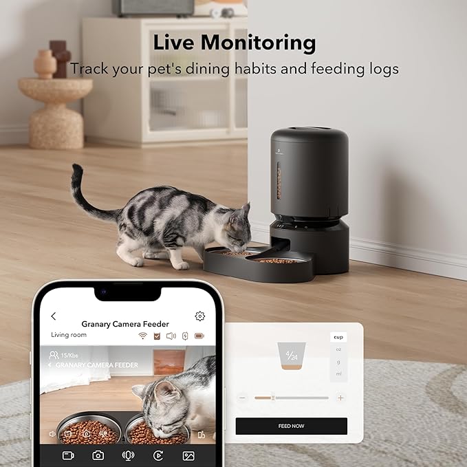 PETLIBRO Automatic Cat Feeder with Camera for Two Cats, 1080P HD Video with Night Vision, 5G WiFi Pet Feeder with 2-Way Audio for Cat &amp; Dog, Low Food &amp; Motion &amp; Sound Alerts, Dual Tray, Black 5L