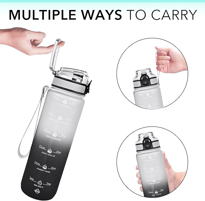 32oz Motivational Water Bottles with Time Marker &amp; Fruit Strainer, Transparent Gradient Color Water Bottle with Times to Drink, Leakproof &amp; BPA Free, Reusable Bottle with Strap (No Straw)